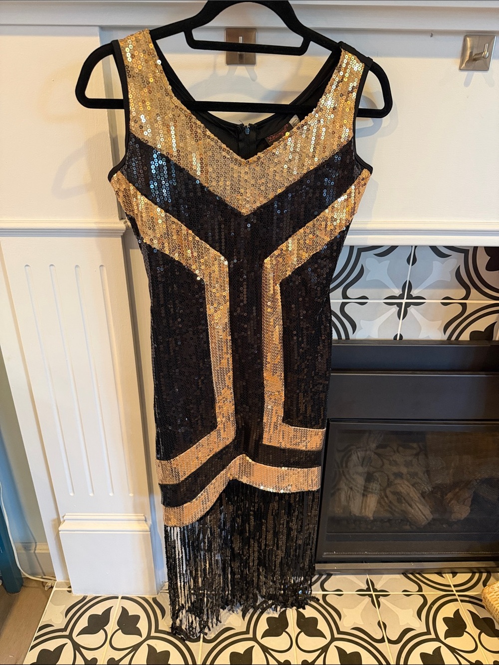 Black and Gold Sequin Flapper Style Fringe Midi Dress,